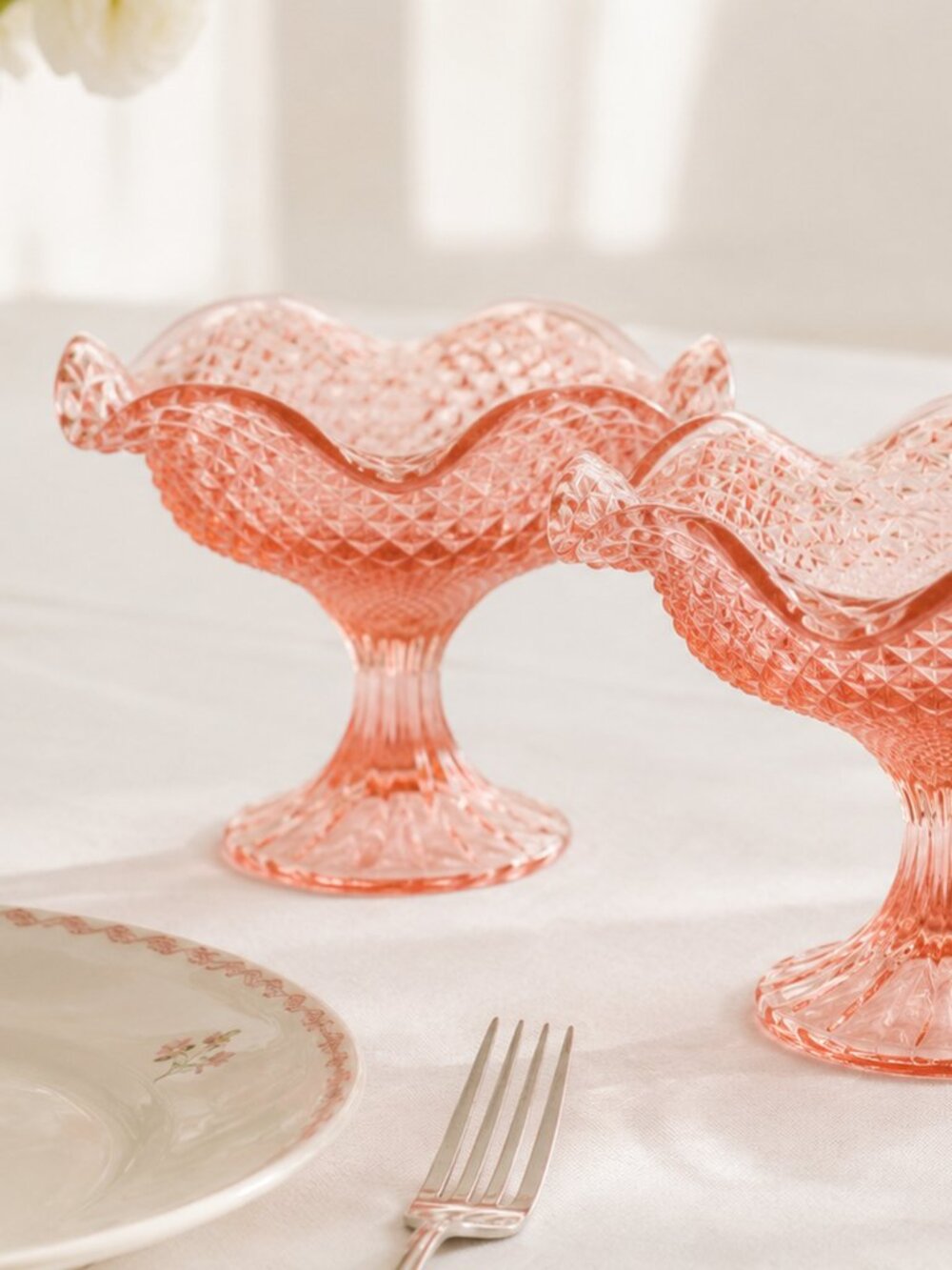 Pink Depression Style Glass Compotes Pair Ruffled